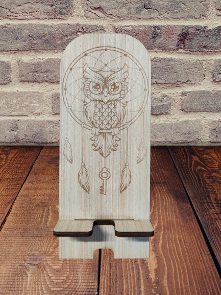 Support téléphone en bois - Design Chouette