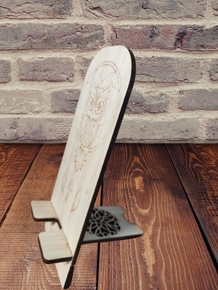 Support téléphone en bois - Design Chouette