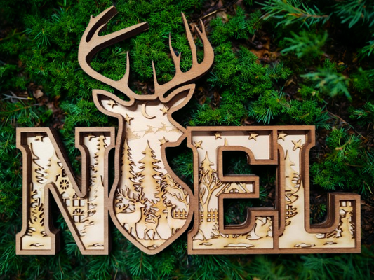 Décoration Noël en bois - Cerf & forêt magique